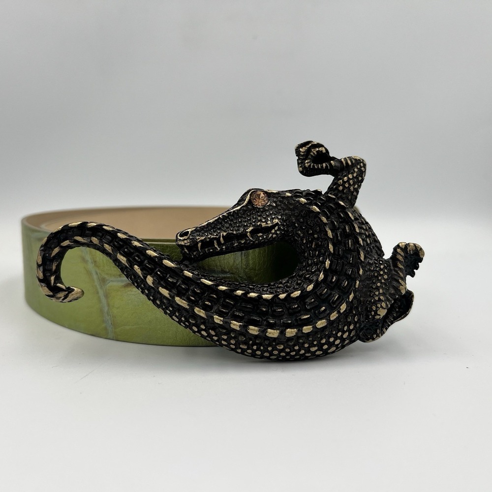 Garuglieri‎ Green Reptile Leather Belt Alligator Buckle Made In Italy Large